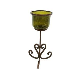 Candle Holder Heavy Scroll Steel Stand Green Crackle Glass Wind Shade 17"
